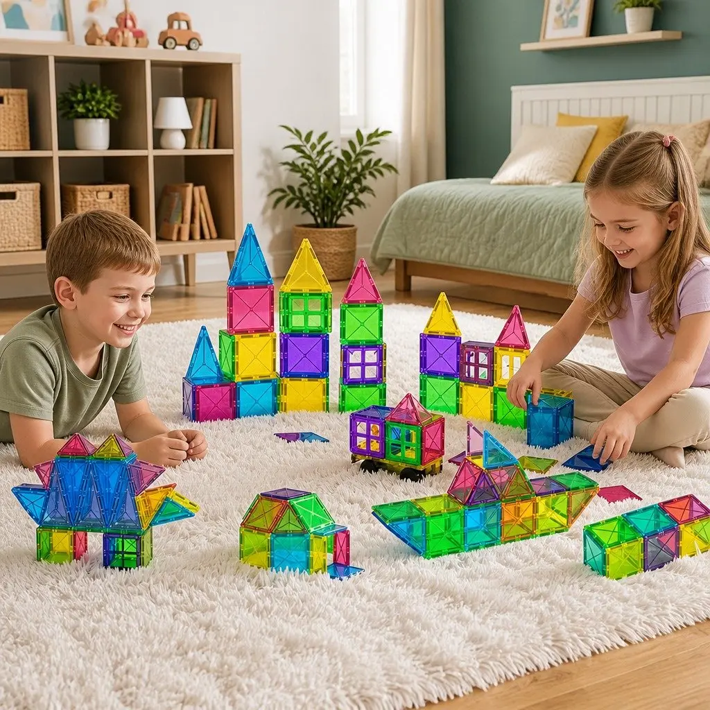 Magnetic Tiles Building Blocks Set 120 Piece Kids STEM Educational Toy Red Yellow Green