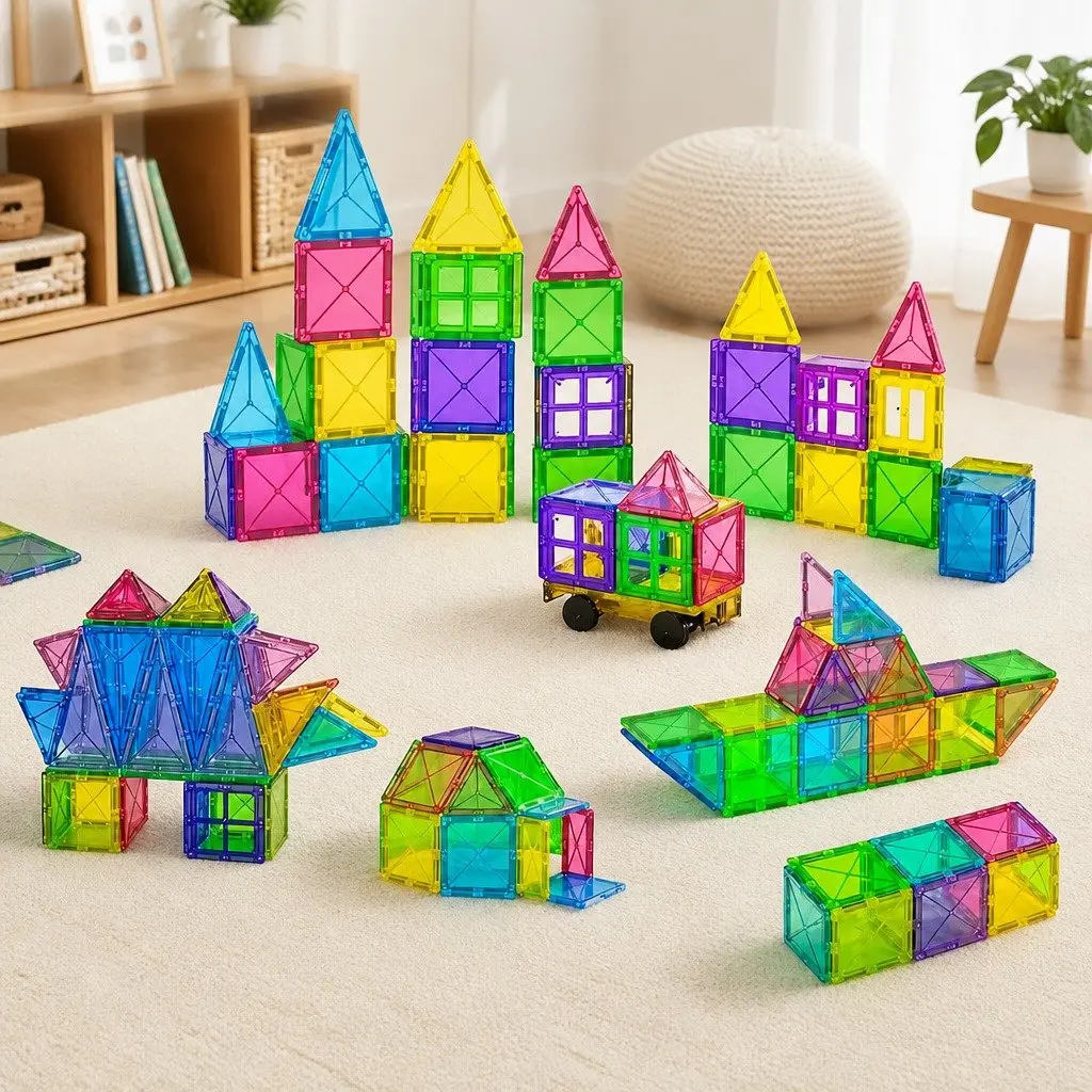 Magnetic Tiles Building Blocks Set 120 Piece Kids STEM Educational Toy Red Yellow Green