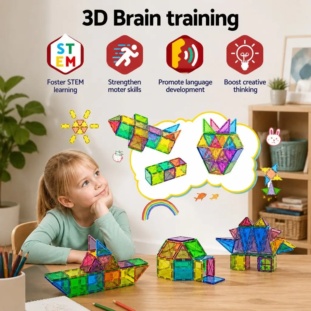 Magnetic Tiles Building Blocks Set 120 Piece Kids STEM Educational Toy Red Yellow Green