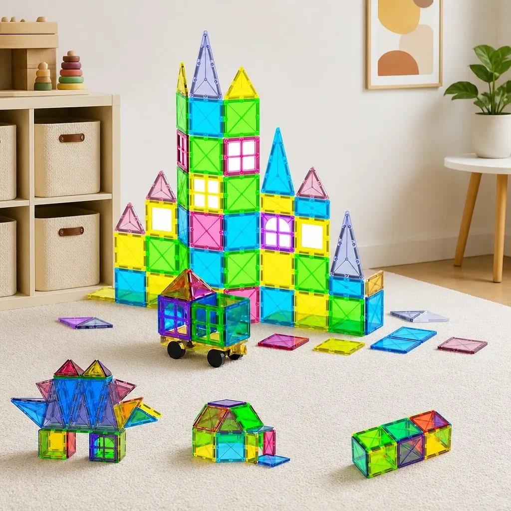 Magnetic Tiles Building Toys Educational Construction Set 60 Piece Red Yellow Green