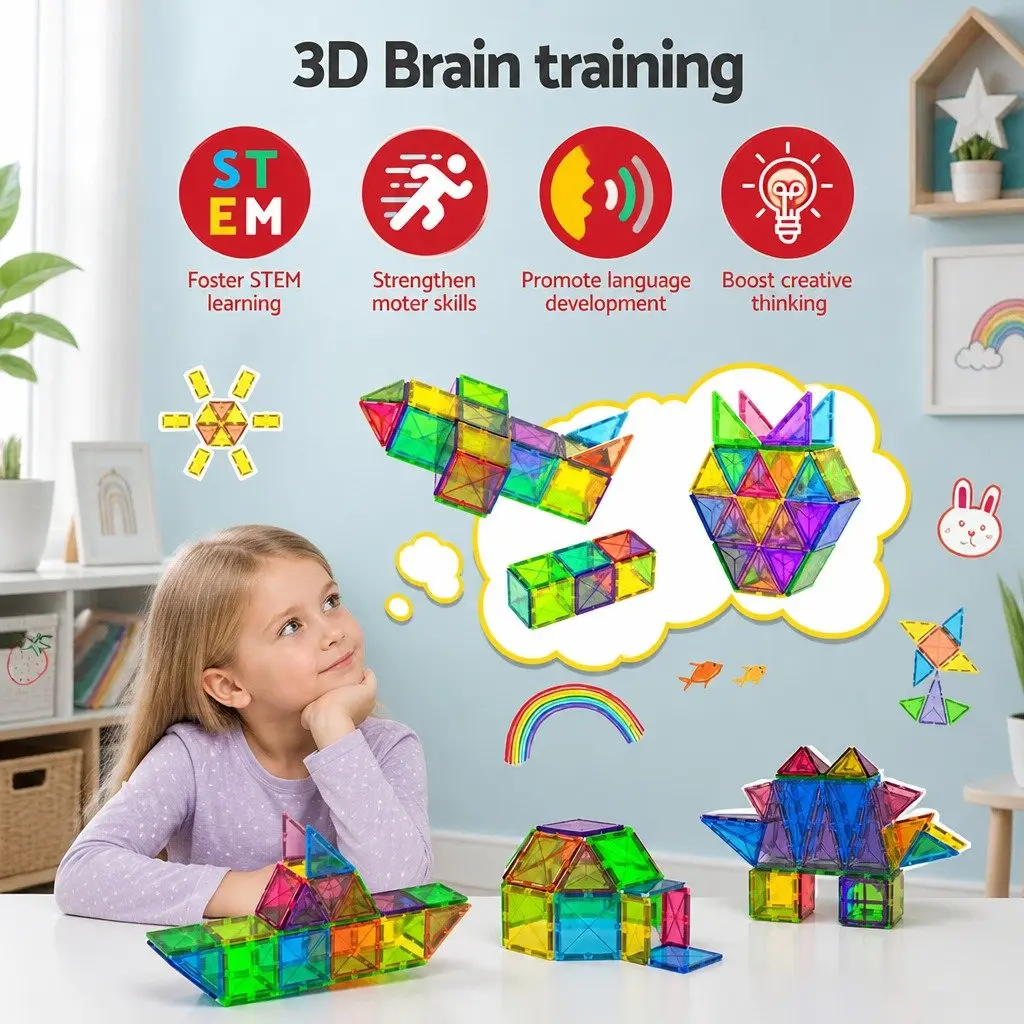 Magnetic Tiles Building Toys Educational Construction Set 60 Piece Red Yellow Green