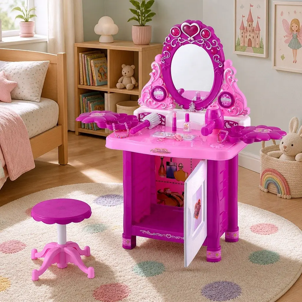 Kids Pretend Play Makeup Dressing Table Set with Chair Pink