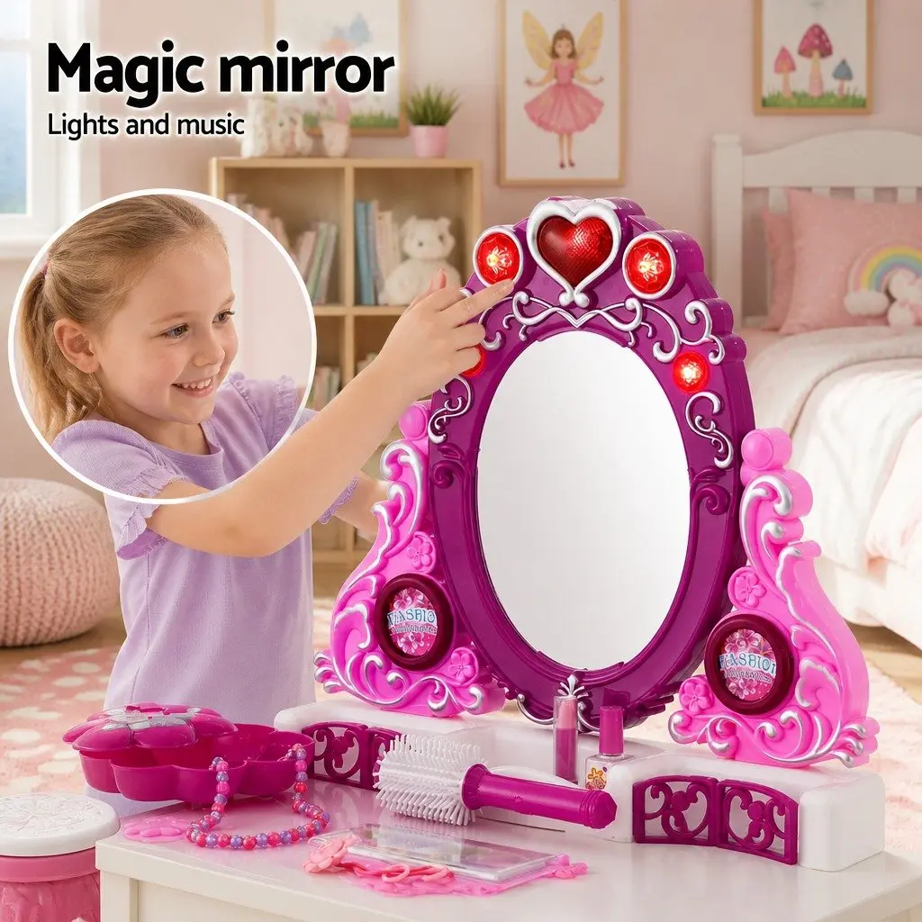 Kids Pretend Play Makeup Dressing Table Set with Chair Pink