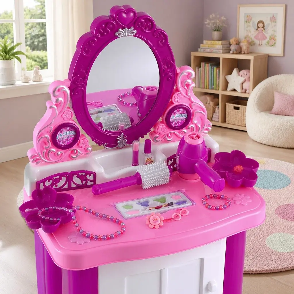 Kids Pretend Play Makeup Dressing Table Set with Chair Pink
