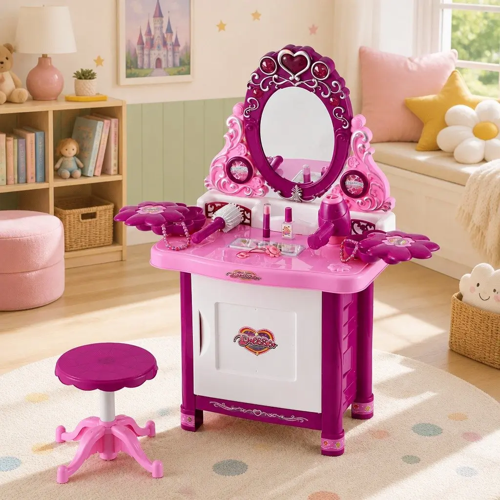 Kids Pretend Play Makeup Dressing Table Set with Chair Pink