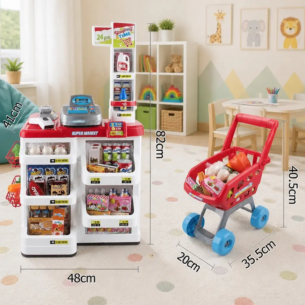 Kids Pretend Play Supermarket Playset Educational Toy 24 Piece Red and White
