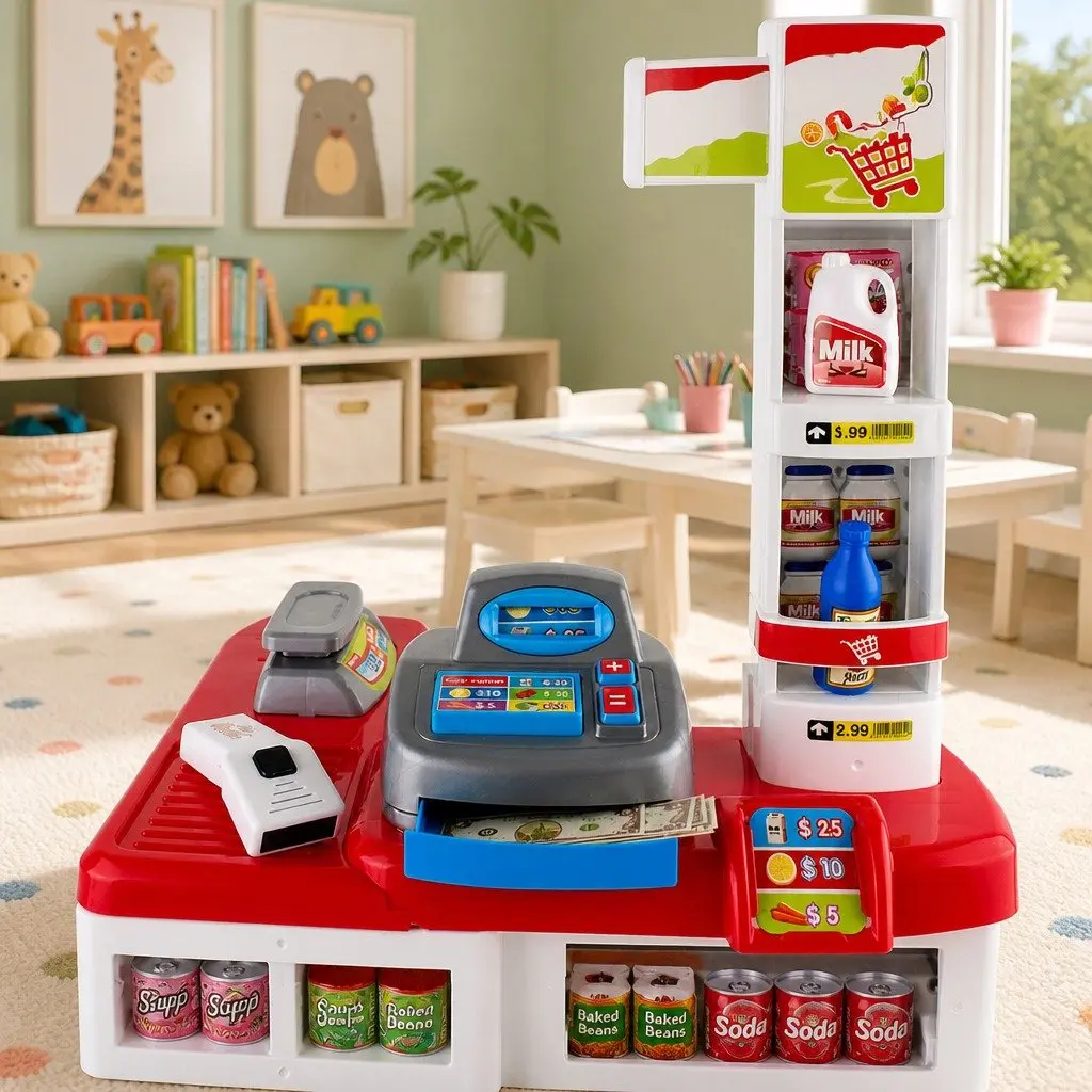Kids Pretend Play Supermarket Playset Educational Toy 24 Piece Red and White
