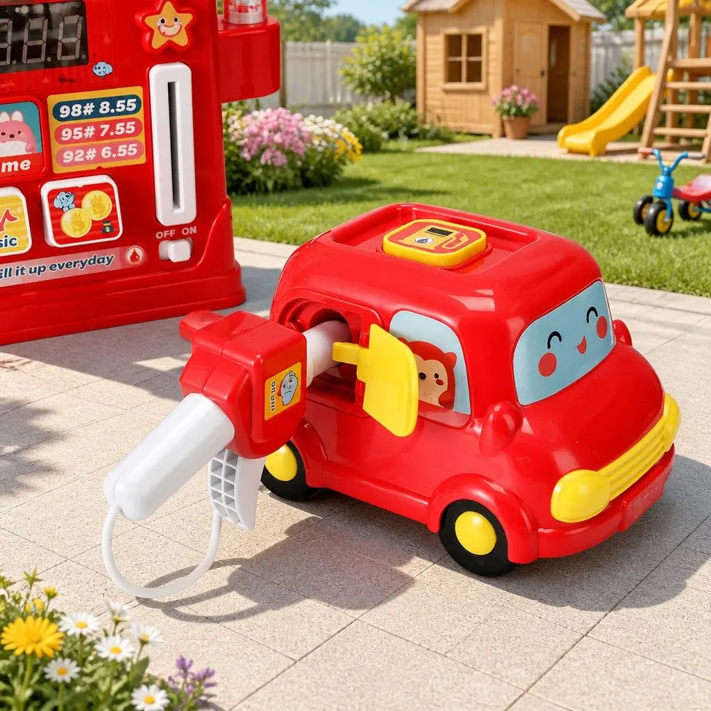Kids Pretend Play Gas Station Pump Playset Interactive Toy with Sounds and Credit Card Machine Red