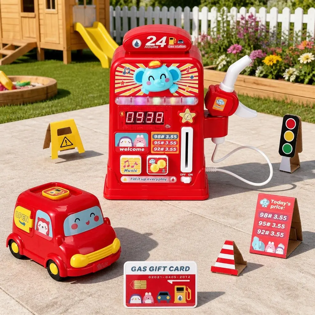 Kids Pretend Play Gas Station Pump Playset Interactive Toy with Sounds and Credit Card Machine Red