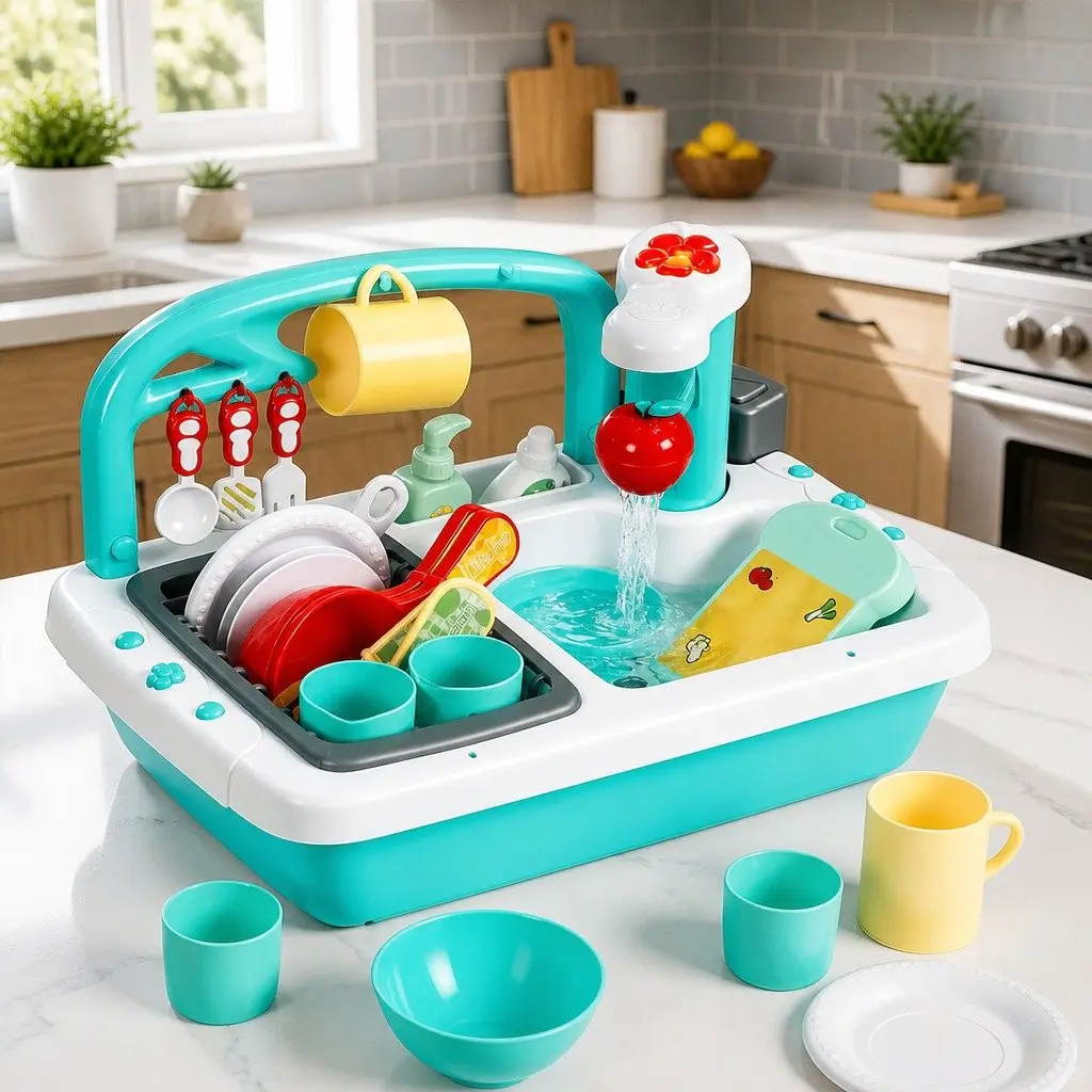 Kids Pretend Play Kitchen Sink Toy Sensor Control Dishwasher Green