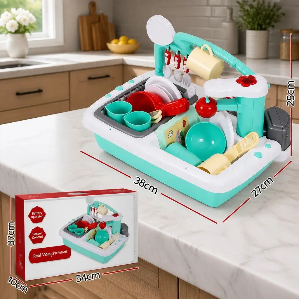 Kids Pretend Play Kitchen Sink Toy Sensor Control Dishwasher Green