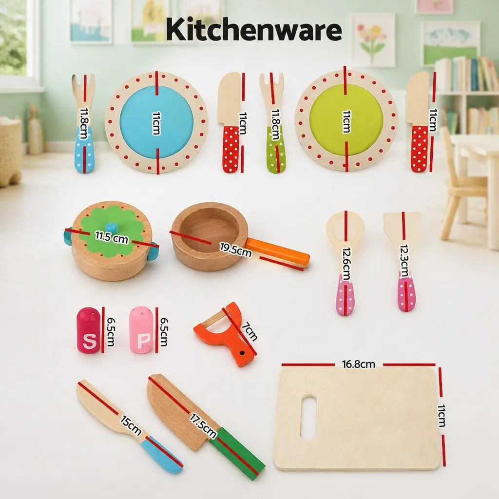 Kids Wooden Kitchen Play Set Pretend Cooking Toys 29-Piece Food Utensils Pots