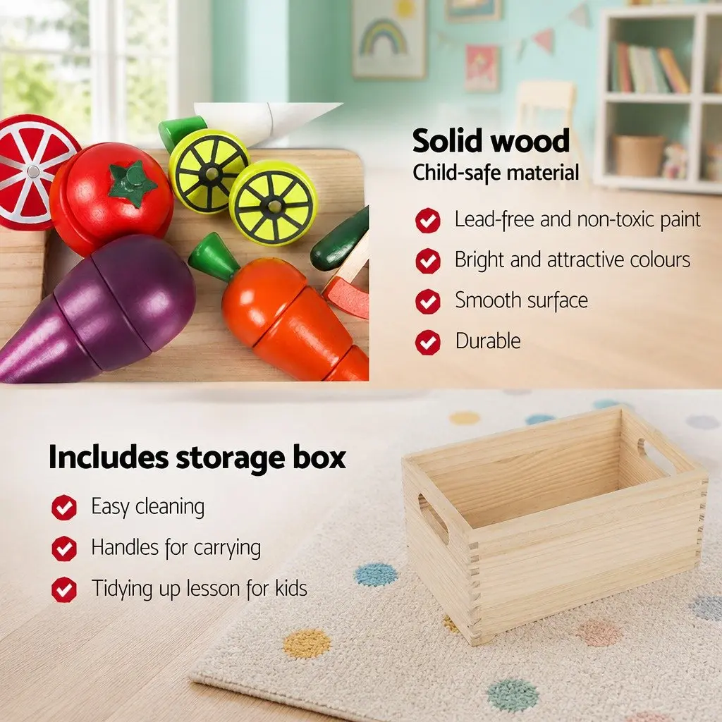 Kids Wooden Kitchen Play Set Pretend Cooking Toys 29-Piece Food Utensils Pots