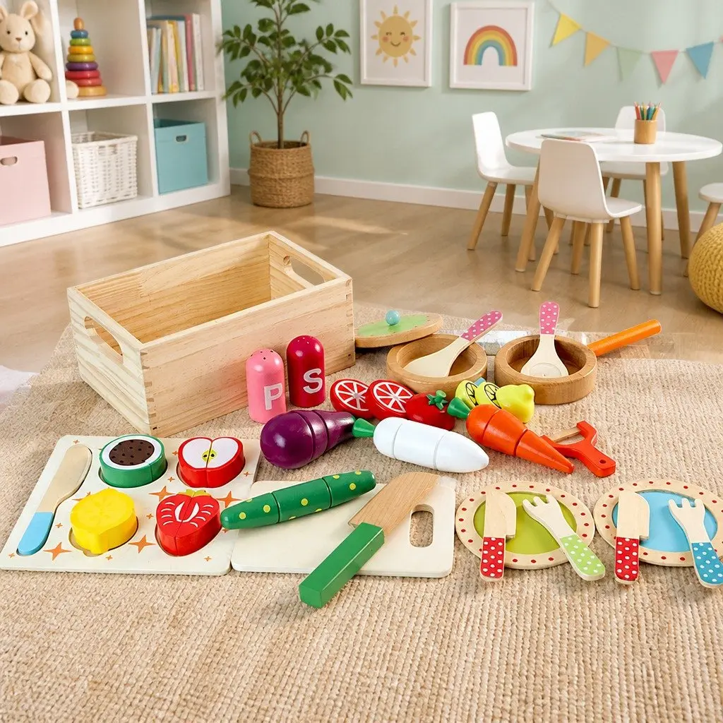 Kids Wooden Kitchen Play Set Pretend Cooking Toys 29-Piece Food Utensils Pots