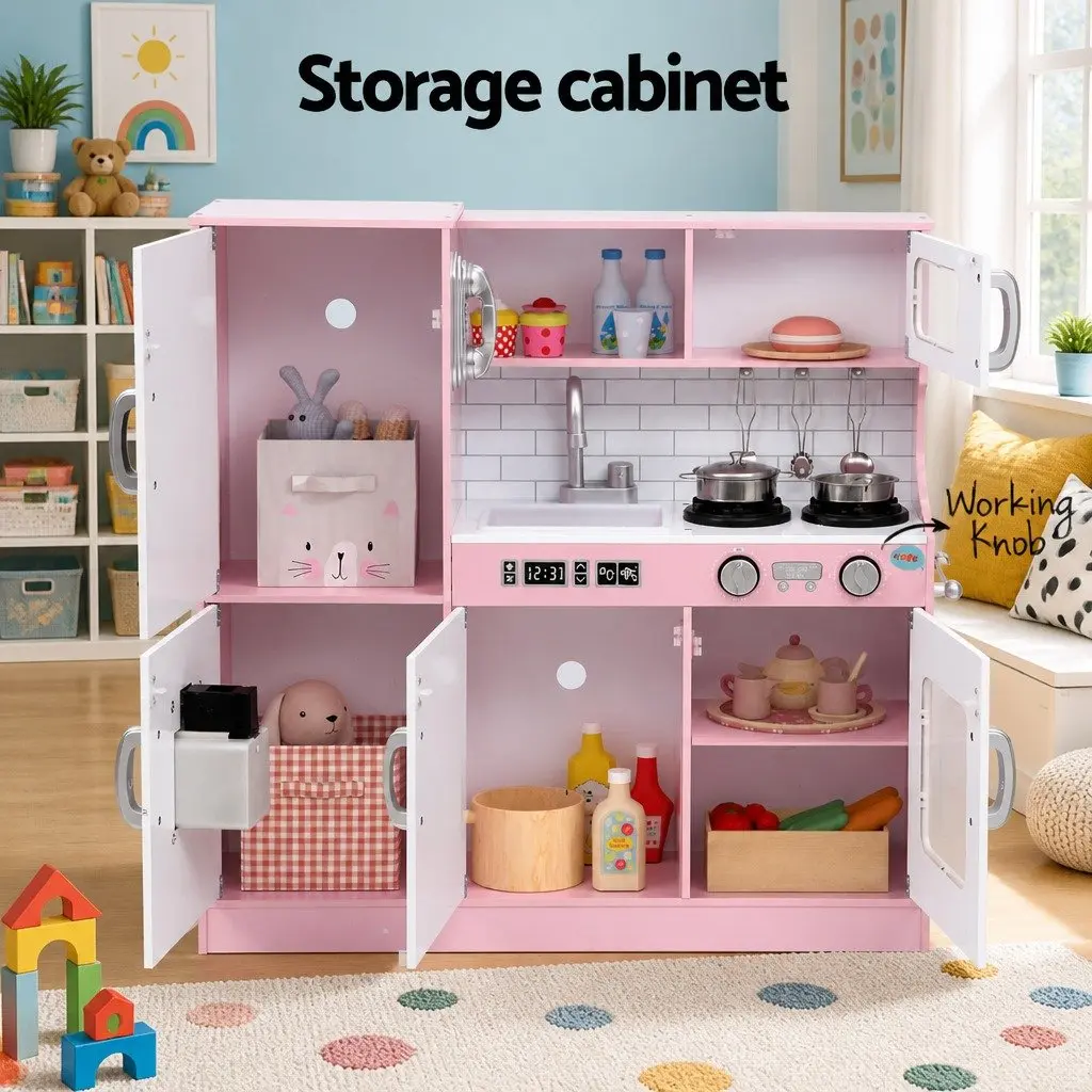 Wooden Kitchen Play Set Cooking Toys 80CM Pink