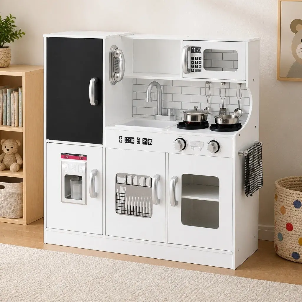 Wooden Play Kitchen Set Pretend Cooking Toys 80cm White with Oven and Accessories