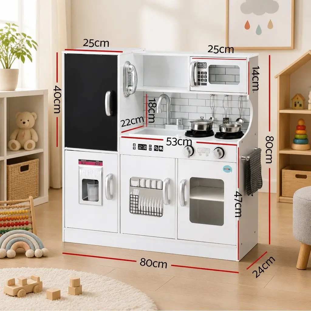 Wooden Play Kitchen Set Pretend Cooking Toys 80cm White with Oven and Accessories
