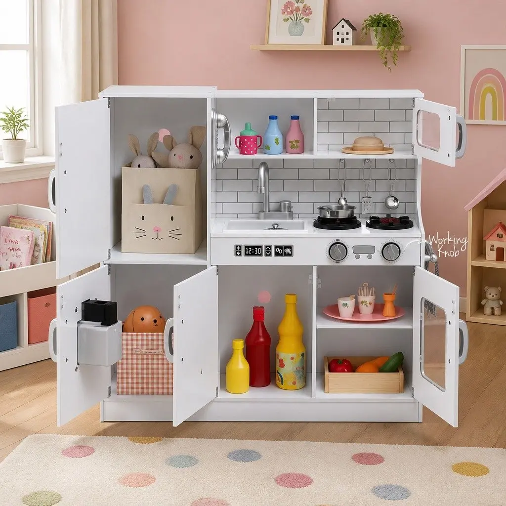 Wooden Play Kitchen Set Pretend Cooking Toys 80cm White with Oven and Accessories