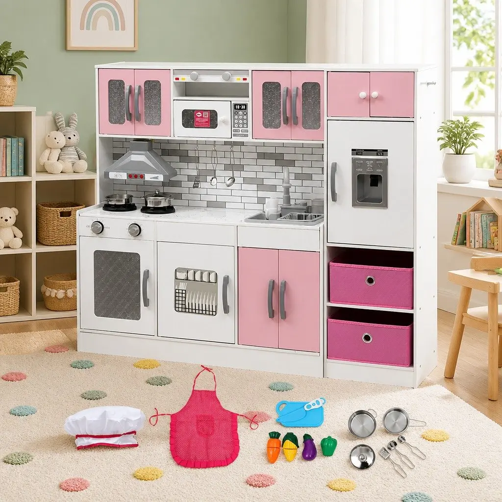 Kids Wooden Kitchen Playset Pretend Play 100CM Pink 2-Piece