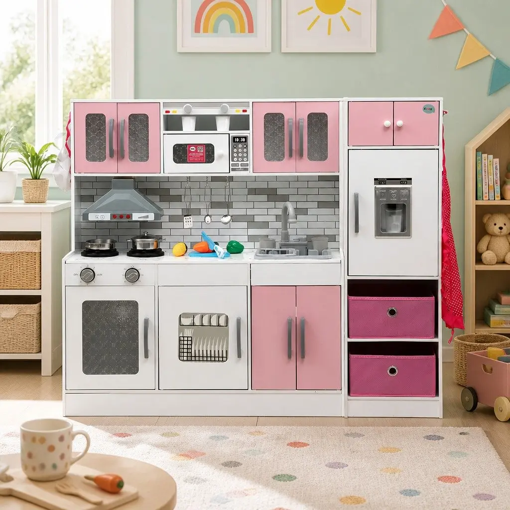 Kids Wooden Kitchen Playset Pretend Play 100CM Pink 2-Piece