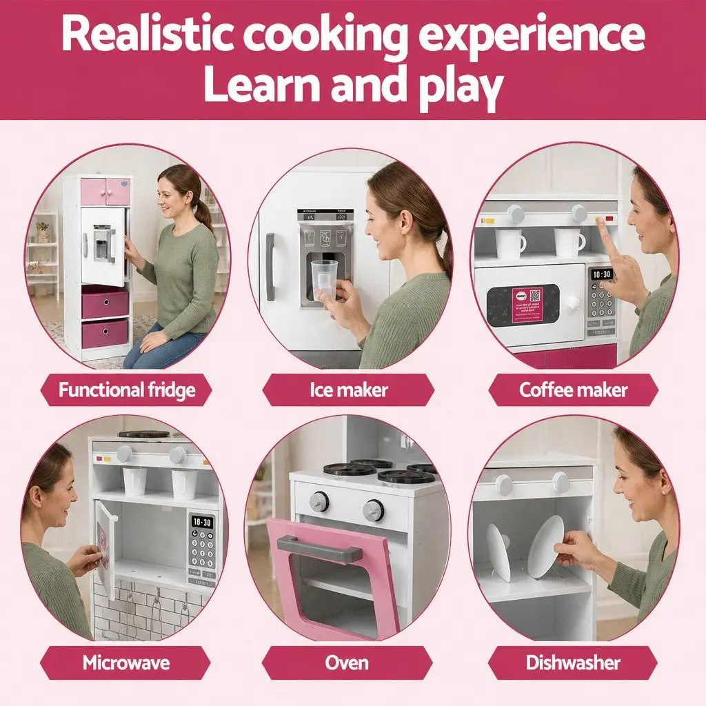 Kids Wooden Kitchen Playset Pretend Play 100CM Pink 2-Piece