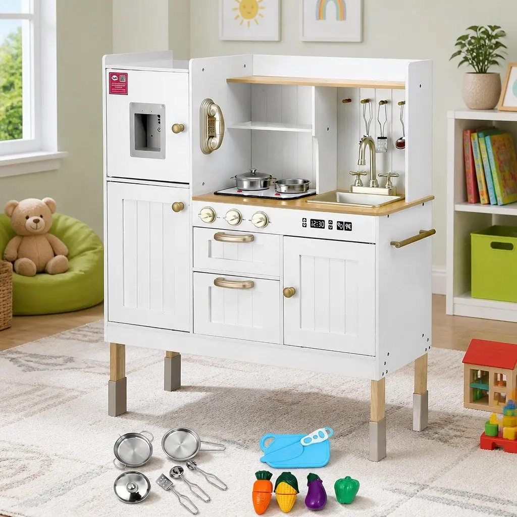 Wooden Kitchen Play Set Pretend Cooking Toys 81cm White and Gold
