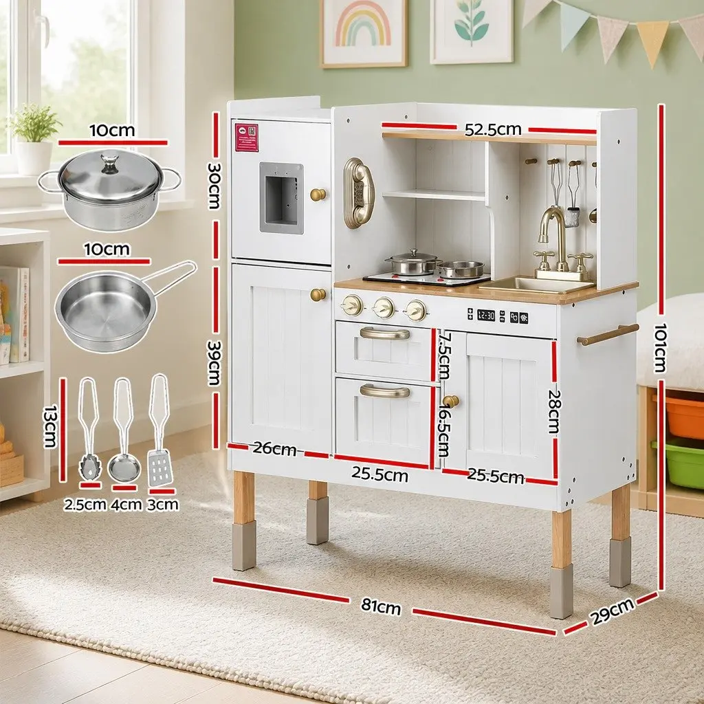 Wooden Kitchen Play Set Pretend Cooking Toys 81cm White and Gold