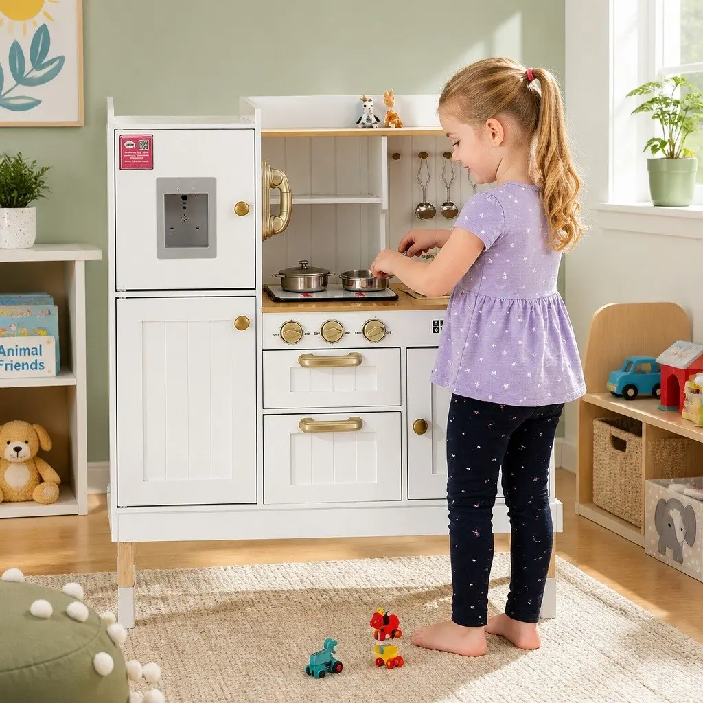 Wooden Kitchen Play Set Pretend Cooking Toys 81cm White and Gold