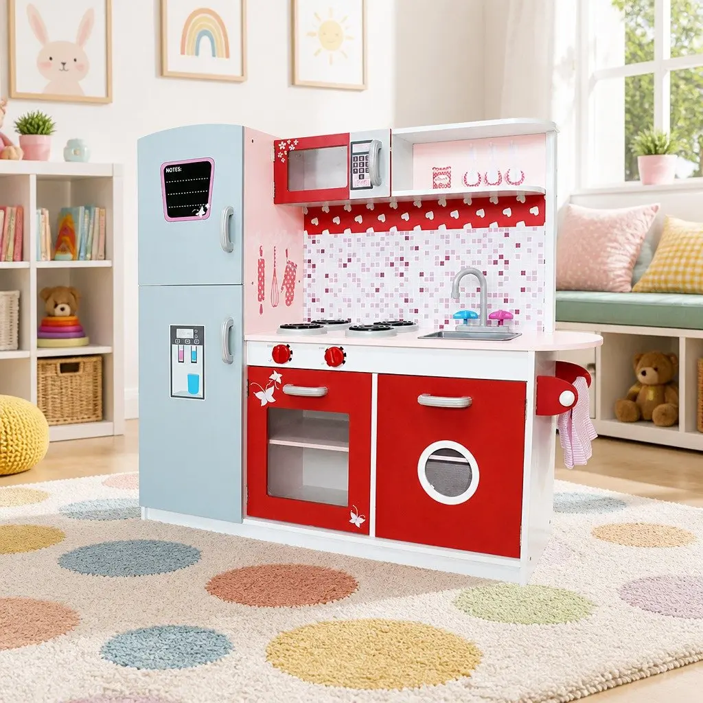 Wooden Kitchen Play Set Pretend Cooking Toys 105x31x97cm Pink Red