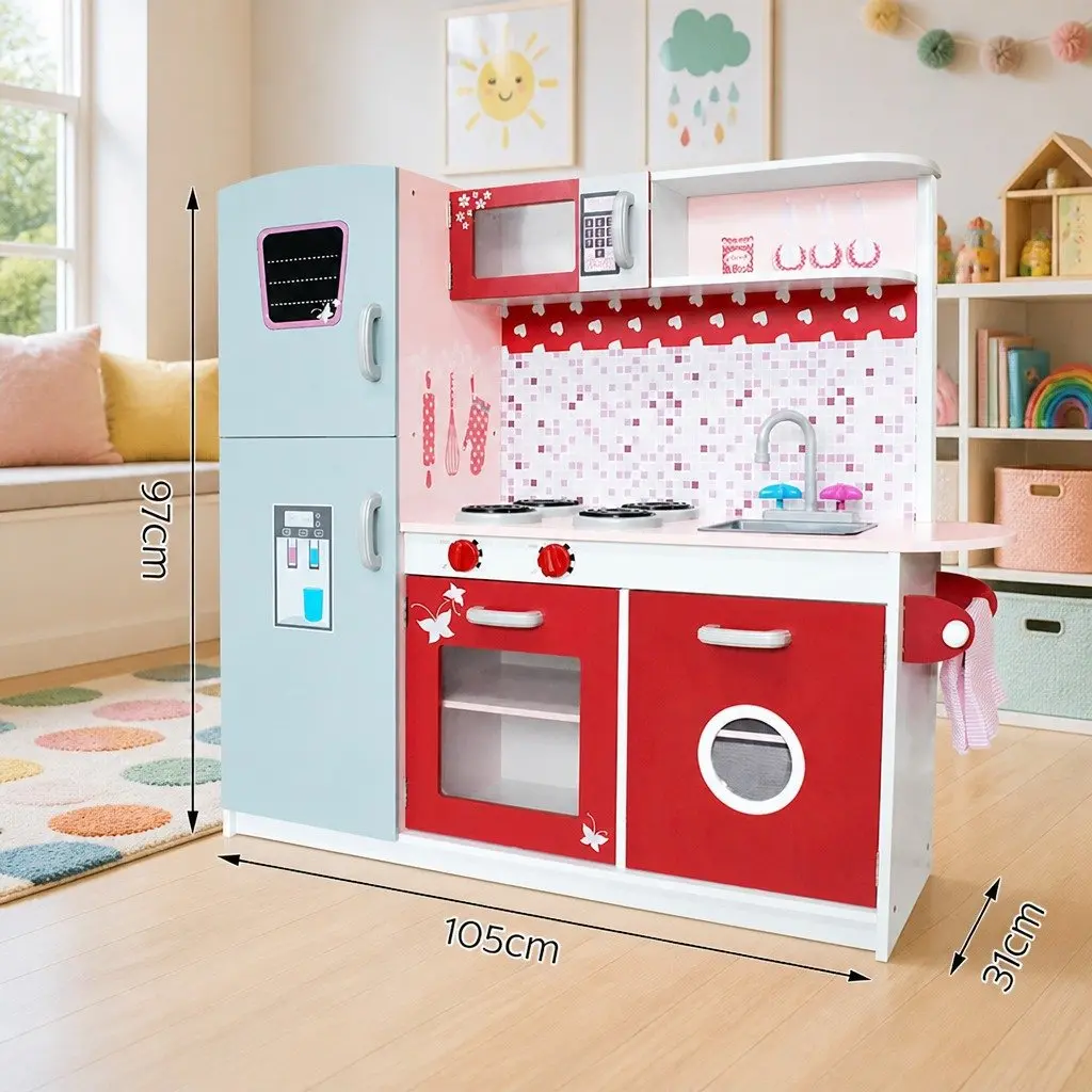 Wooden Kitchen Play Set Pretend Cooking Toys 105x31x97cm Pink Red