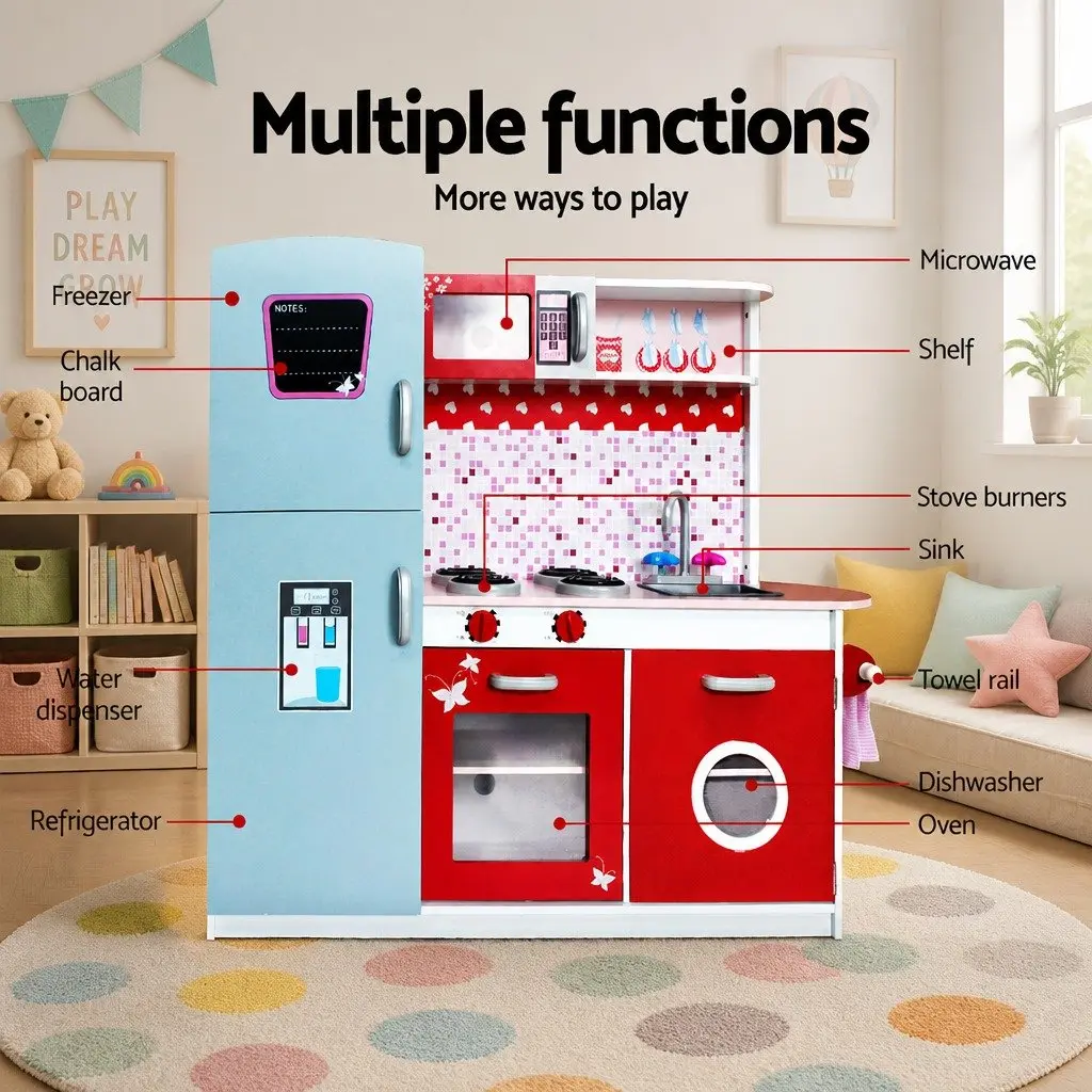 Wooden Kitchen Play Set Pretend Cooking Toys 105x31x97cm Pink Red