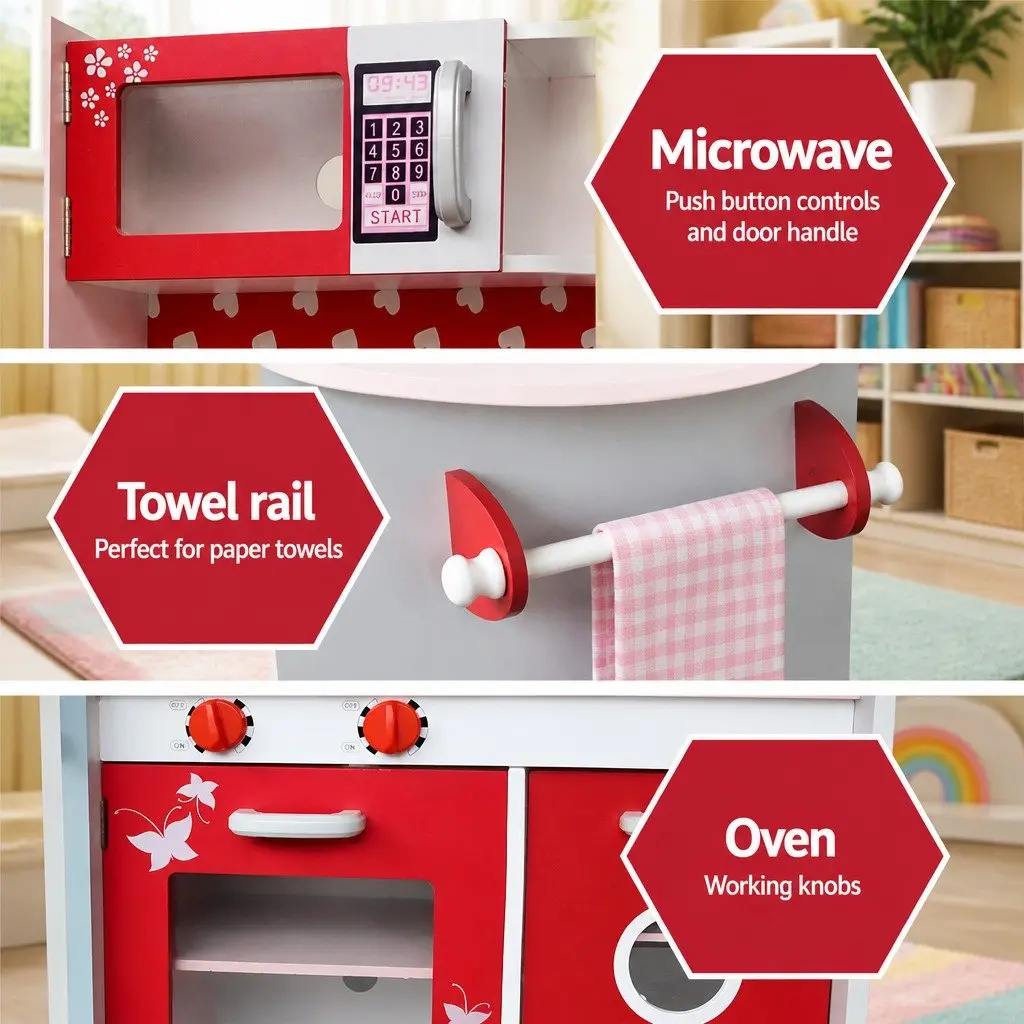 Wooden Kitchen Play Set Pretend Cooking Toys 105x31x97cm Pink Red