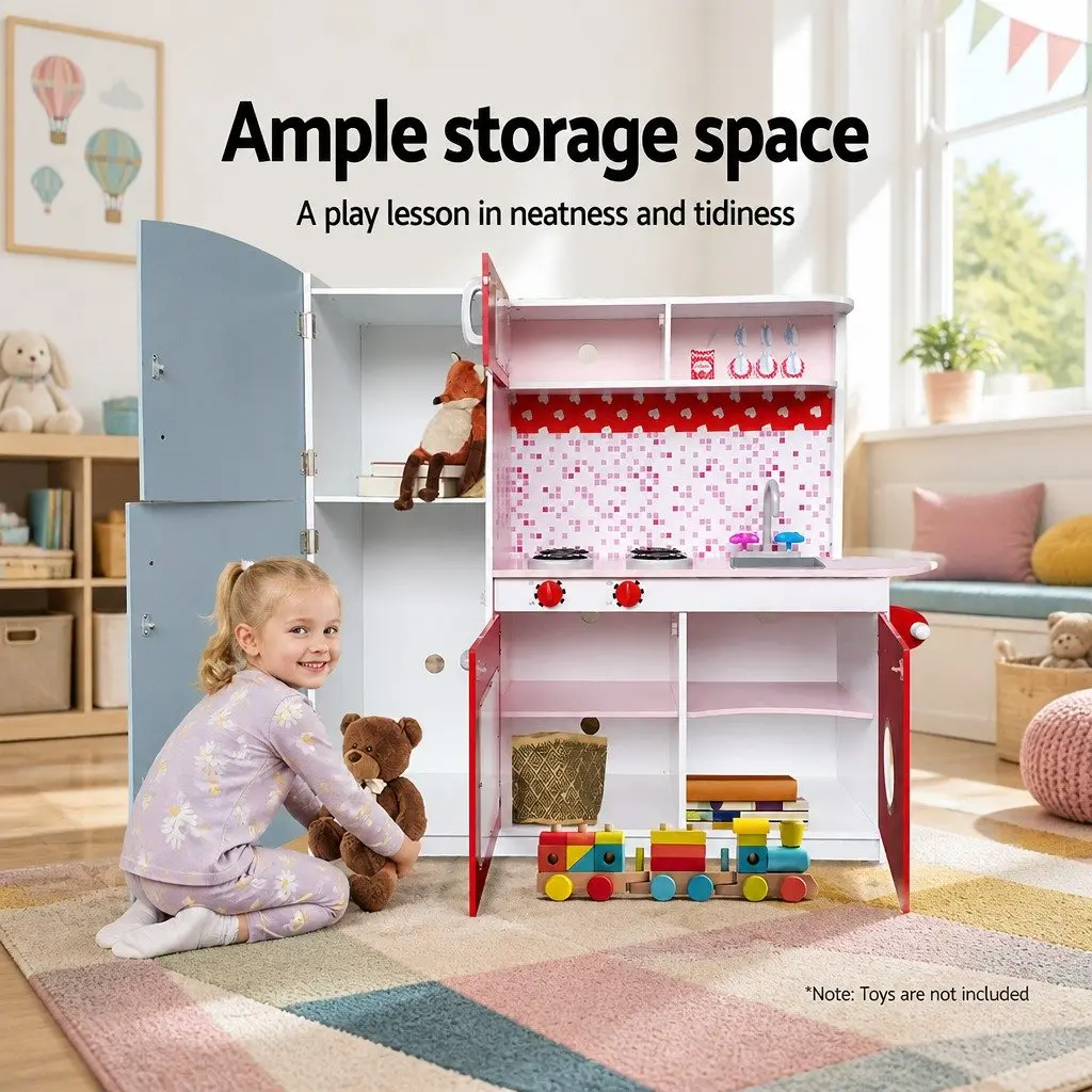 Wooden Kitchen Play Set Pretend Cooking Toys 105x31x97cm Pink Red
