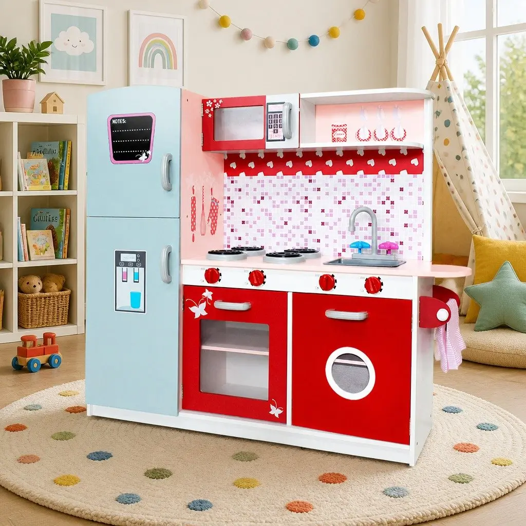 Wooden Kitchen Play Set Pretend Cooking Toys 105x31x97cm Pink Red