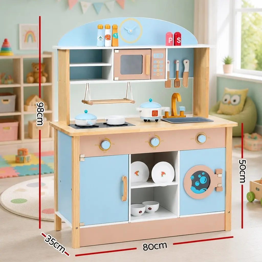 Wooden Kitchen Play Set Cooking Toys Interactive Role Play 80cm Blue