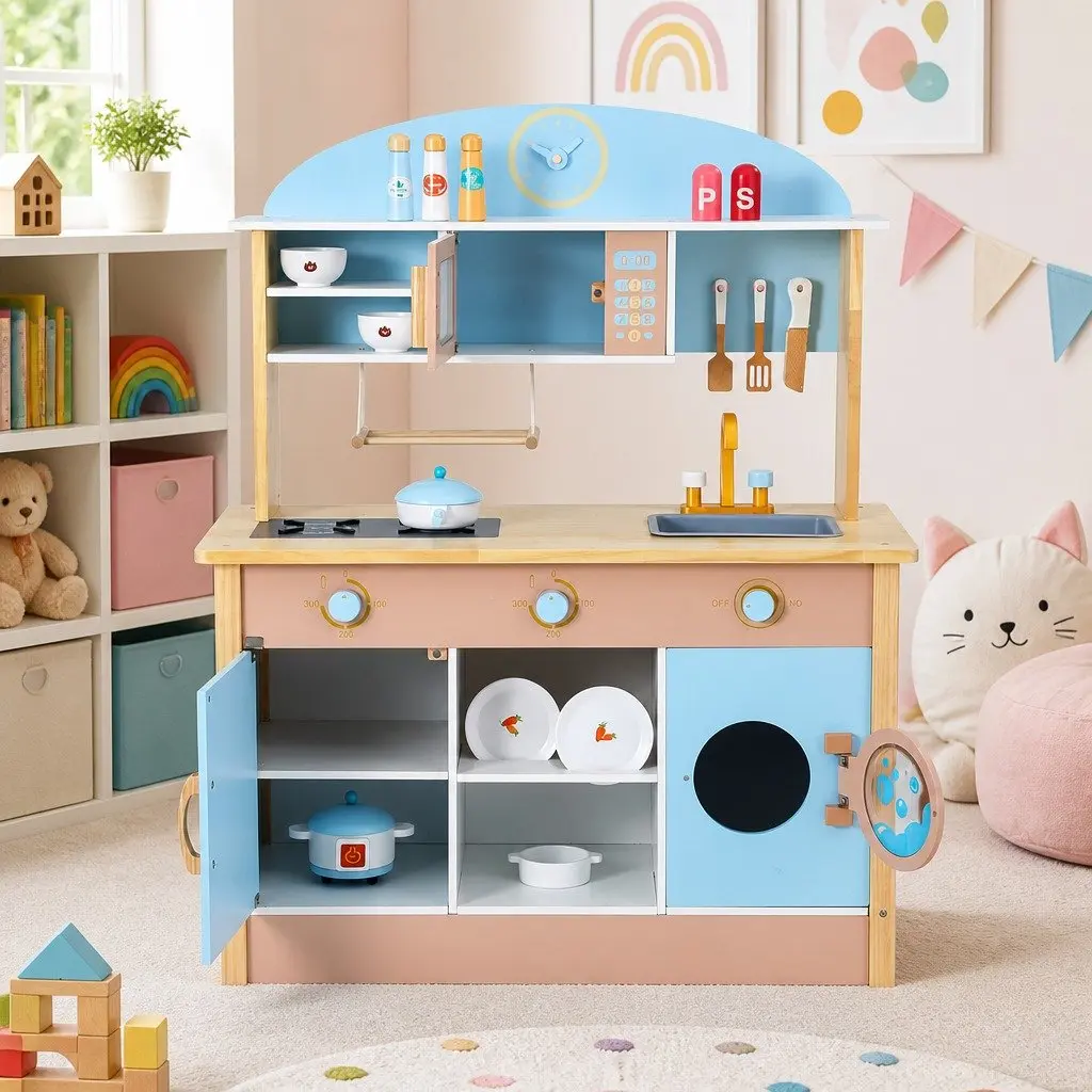 Wooden Kitchen Play Set Cooking Toys Interactive Role Play 80cm Blue