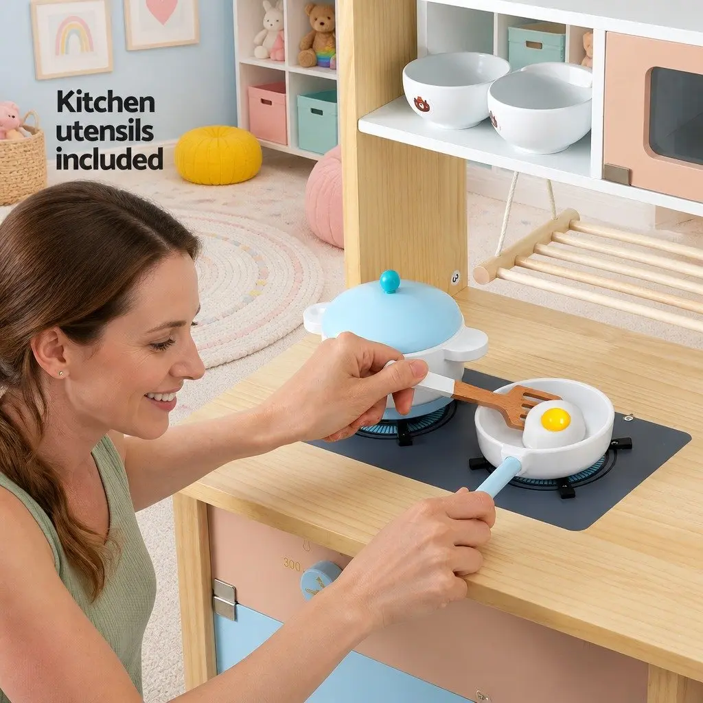 Wooden Kitchen Play Set Cooking Toys Interactive Role Play 80cm Blue