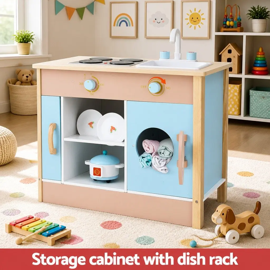 Wooden Kitchen Play Set Cooking Toys Interactive Role Play 80cm Blue
