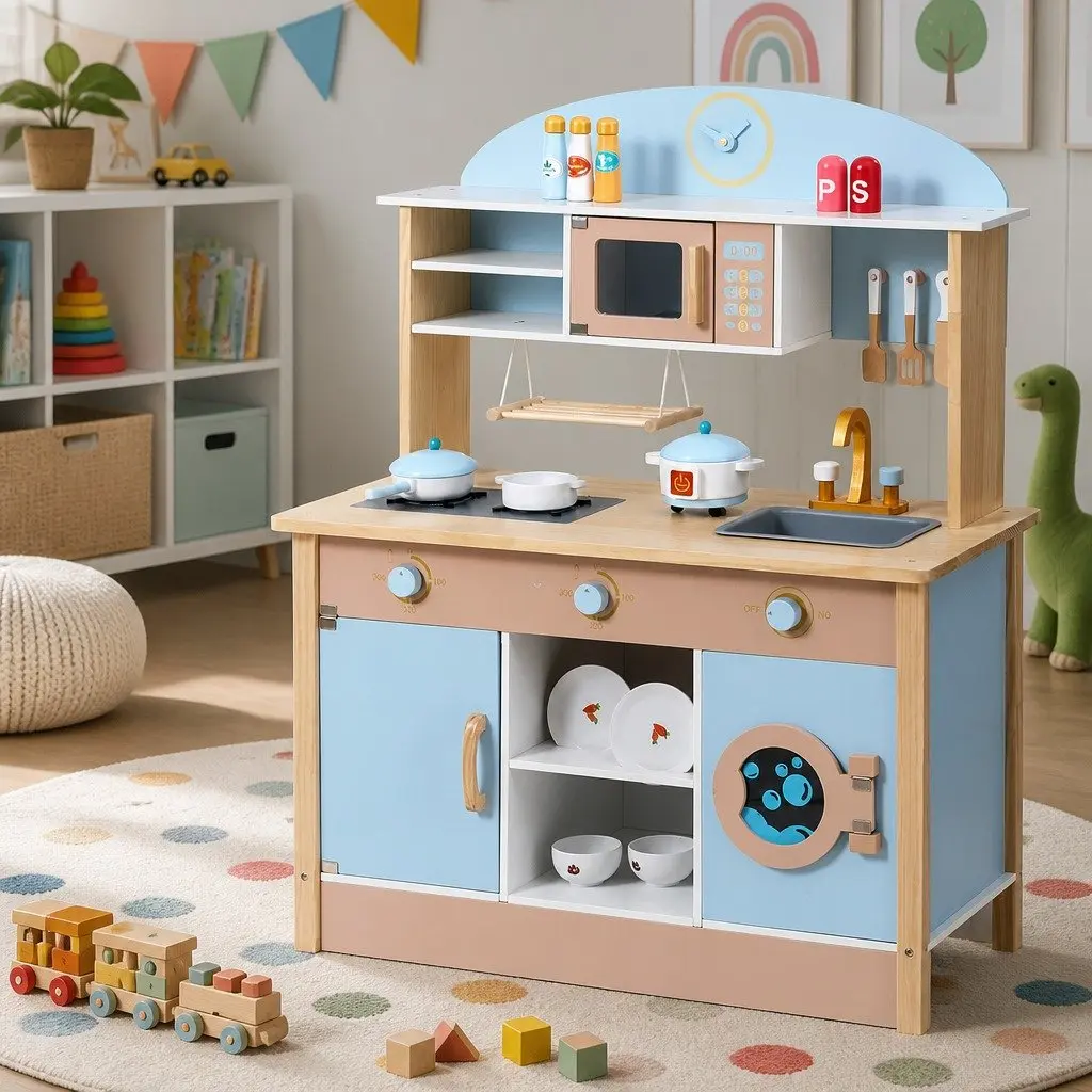 Wooden Kitchen Play Set Cooking Toys Interactive Role Play 80cm Blue