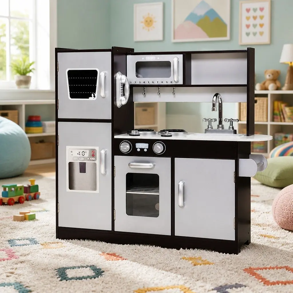 Wooden Kitchen Play Set Pretend Cooking Toys Children Stove Fridge Sink Dark Brown Silver 86cm x 30cm x 80cm