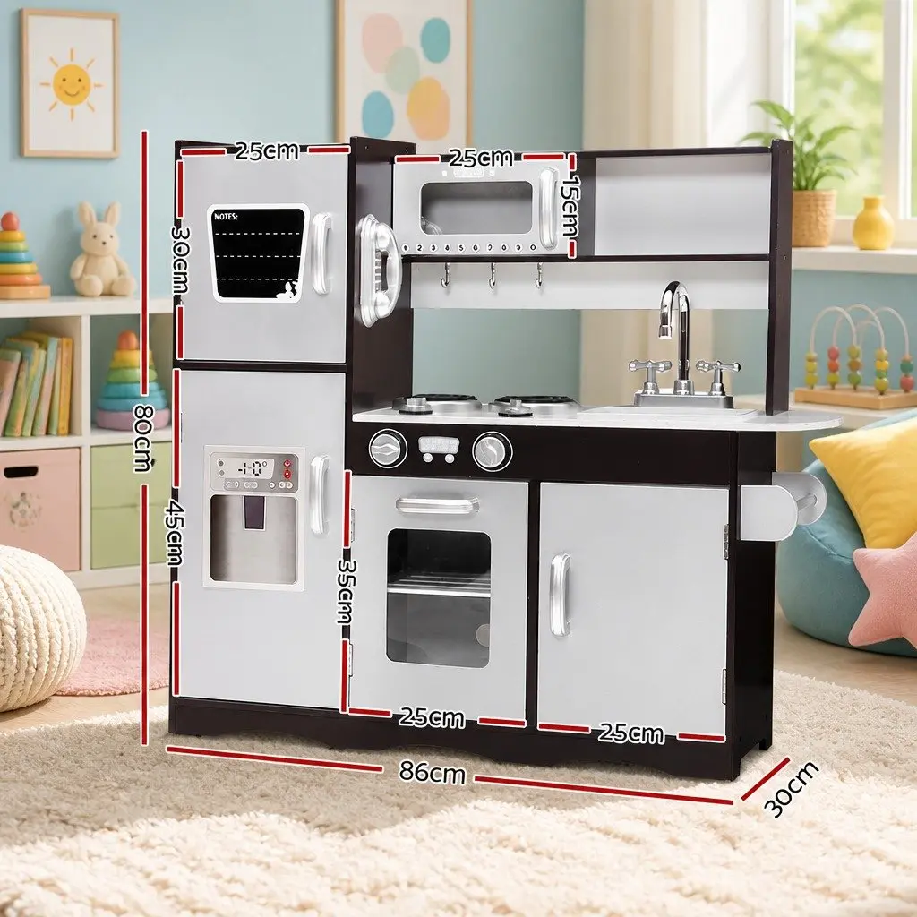 Wooden Kitchen Play Set Pretend Cooking Toys Children Stove Fridge Sink Dark Brown Silver 86cm x 30cm x 80cm