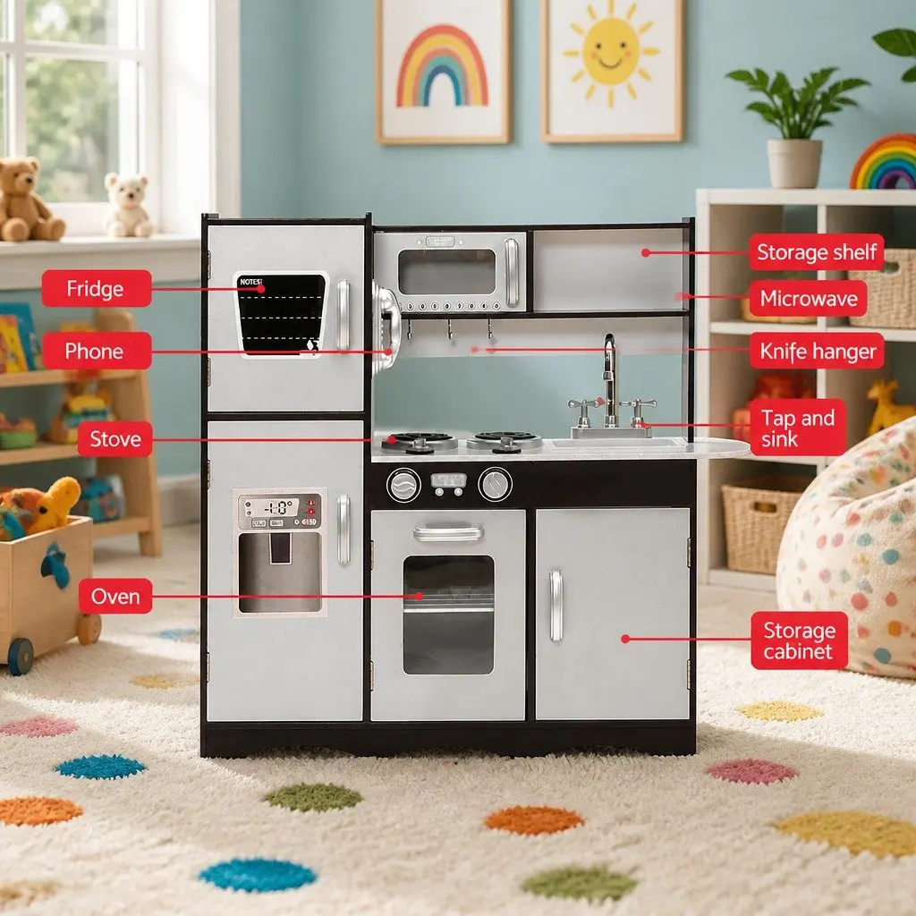 Wooden Kitchen Play Set Pretend Cooking Toys Children Stove Fridge Sink Dark Brown Silver 86cm x 30cm x 80cm