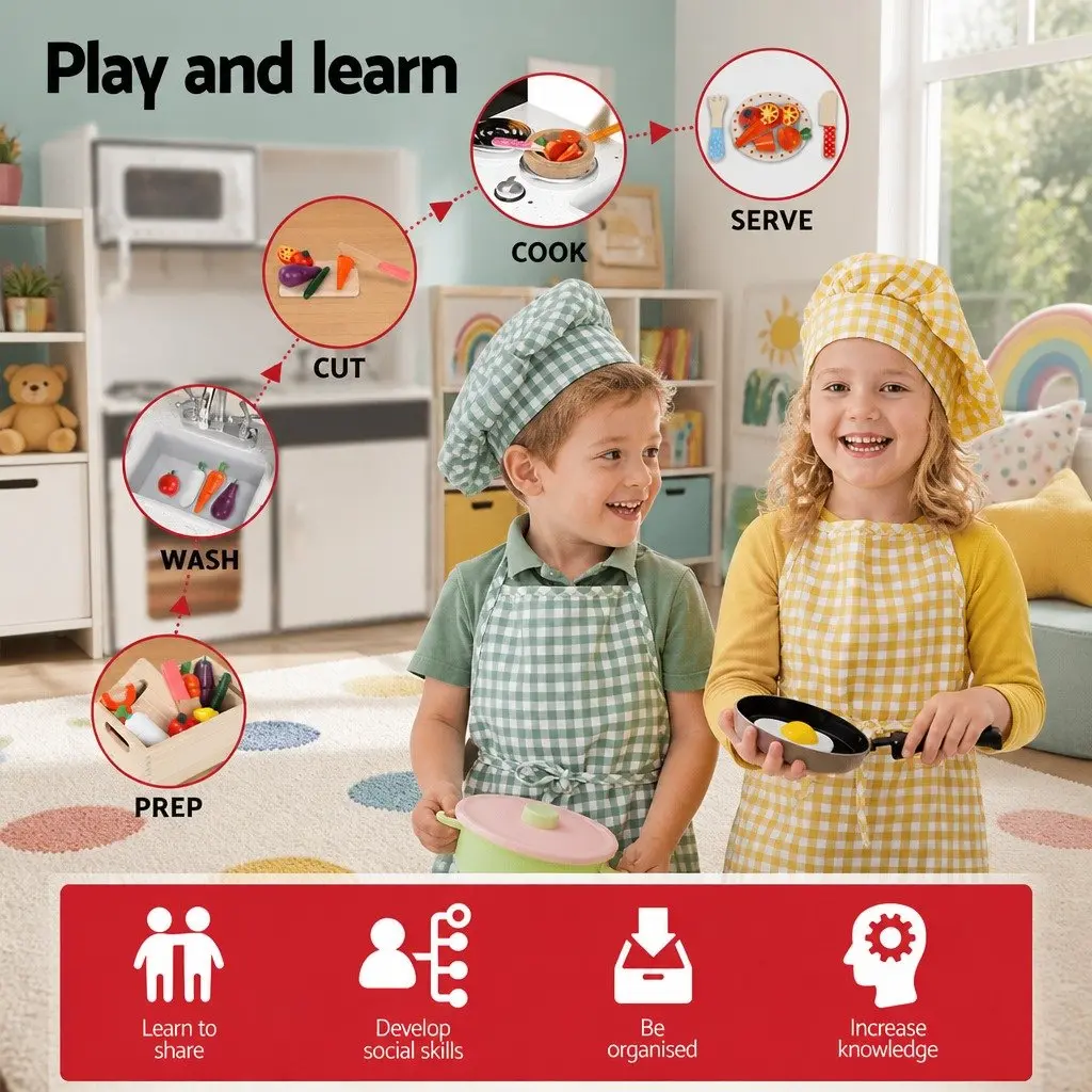 Wooden Kitchen Play Set Pretend Cooking Toys Children Stove Fridge Sink Dark Brown Silver 86cm x 30cm x 80cm