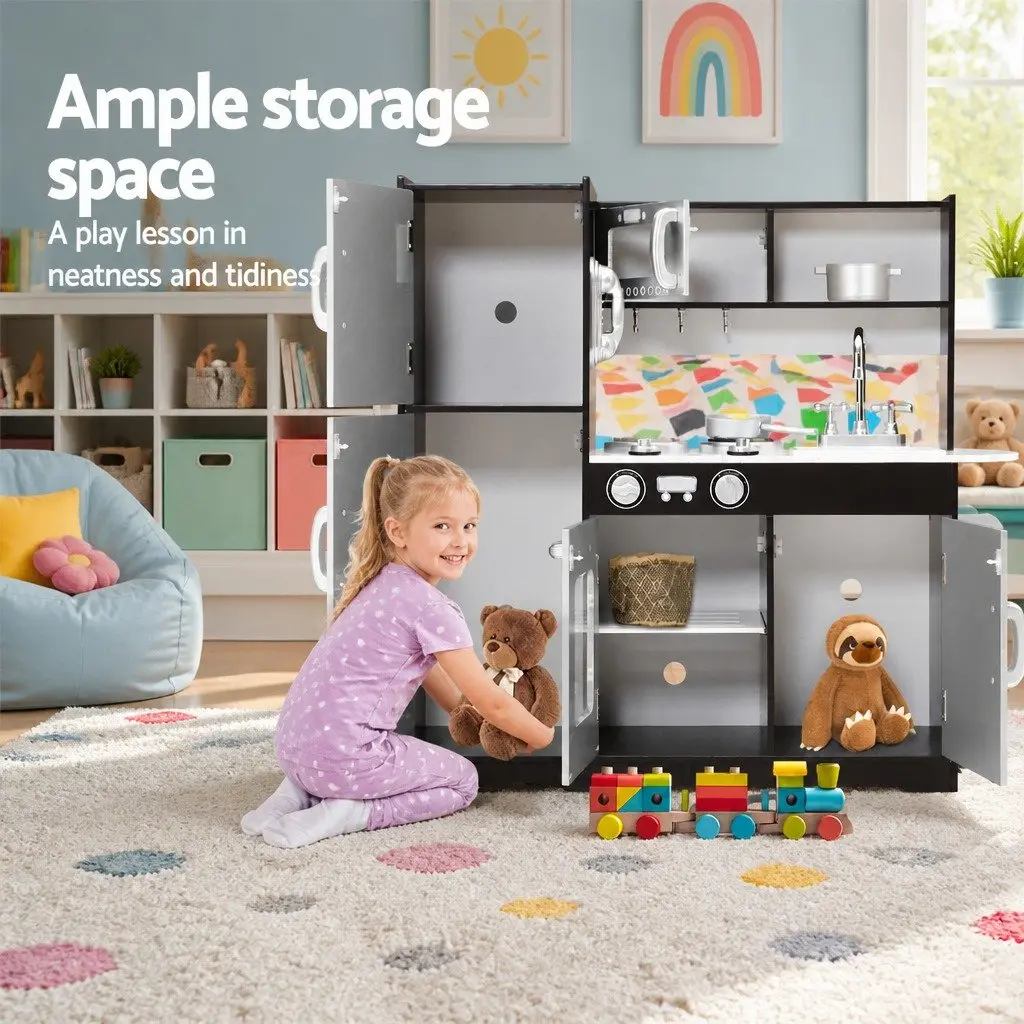 Wooden Kitchen Play Set Pretend Cooking Toys Children Stove Fridge Sink Dark Brown Silver 86cm x 30cm x 80cm