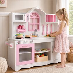 Reliable Wooden Kids Kitchen with 29 Food Pieces Included