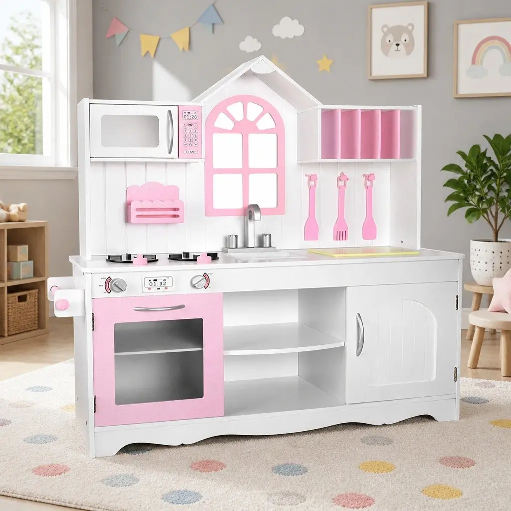 Wooden Kitchen Play Set Pretend Cooking Role Play 108 x 100 x 29cm Princess Style White Pink