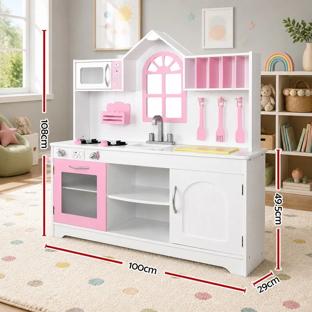 Wooden Kitchen Play Set Pretend Cooking Role Play 108 x 100 x 29cm Princess Style White Pink