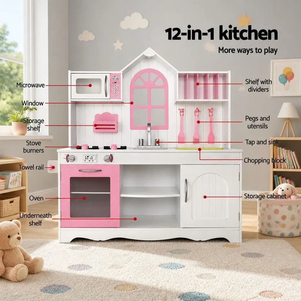 Wooden Kitchen Play Set Pretend Cooking Role Play 108 x 100 x 29cm Princess Style White Pink