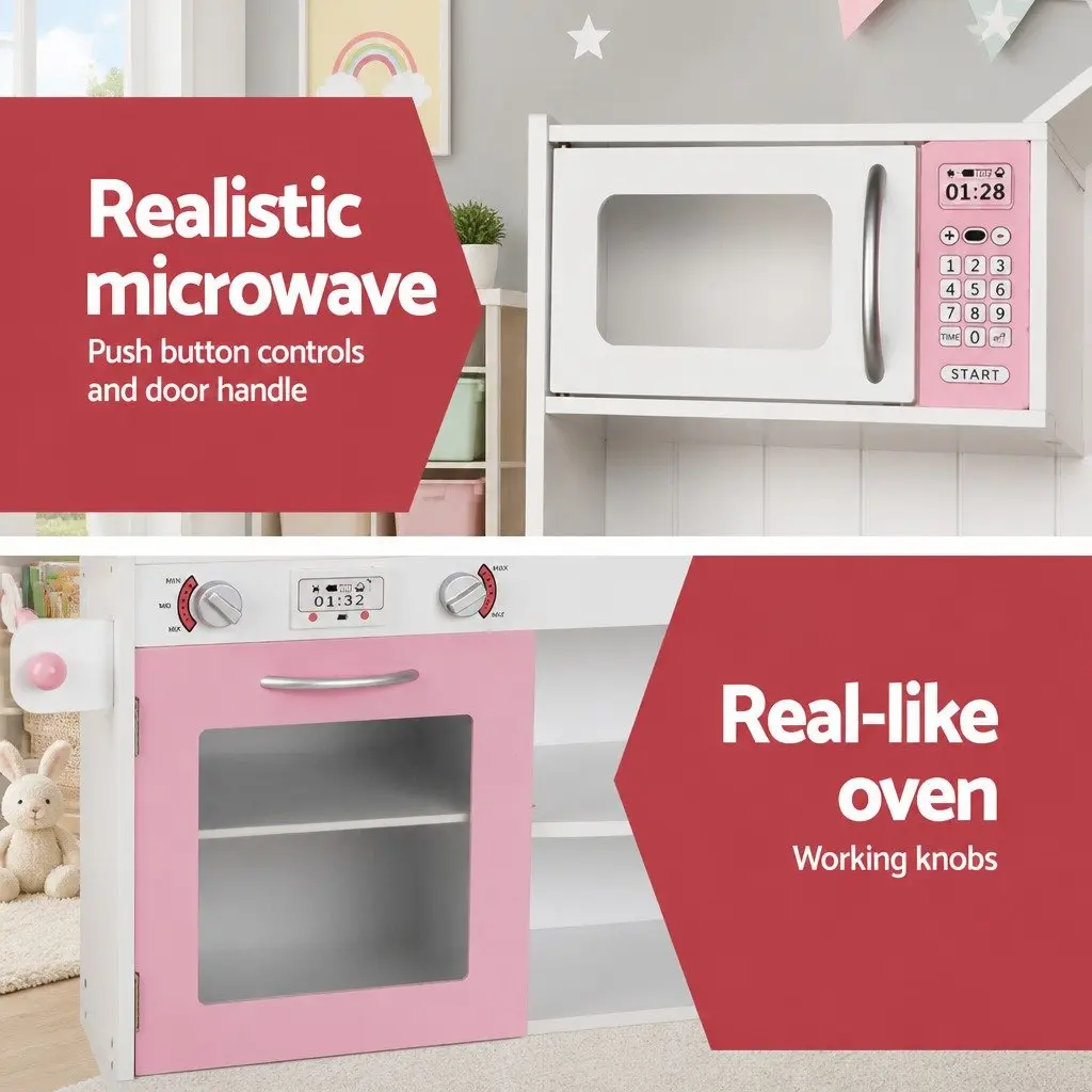 Wooden Kitchen Play Set Pretend Cooking Role Play 108 x 100 x 29cm Princess Style White Pink