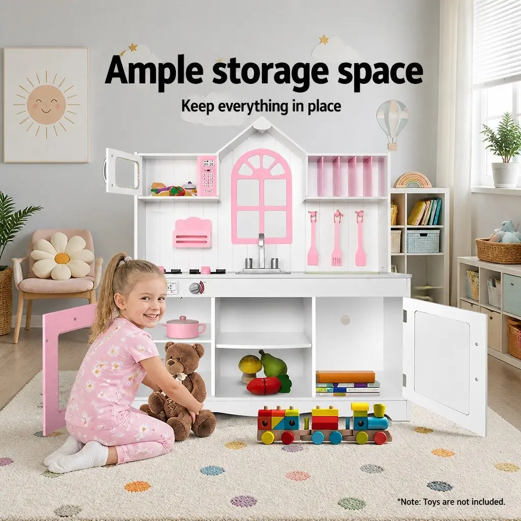 Wooden Kitchen Play Set Pretend Cooking Role Play 108 x 100 x 29cm Princess Style White Pink